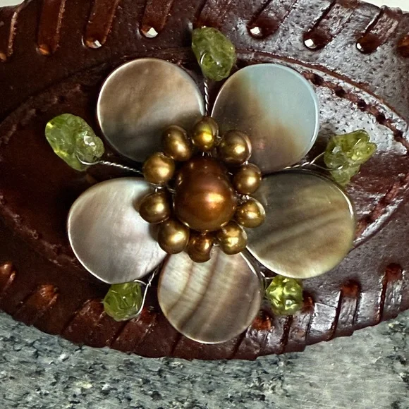 Green and Brown Leather Cuff Bracelet with Floral Centerpiece - Picture 5 of 9